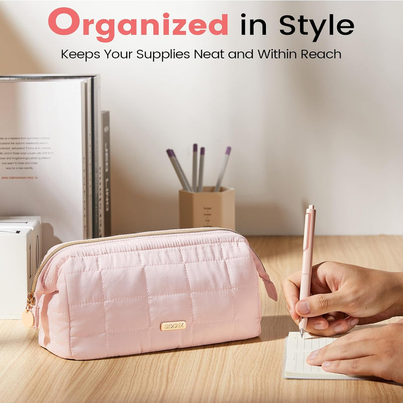 Sooez Large Pencil Case Pouch, Soft Pencil Bag with Zipper, Pen Bag Wide Opening, School Supplies Cute Pencil Case for Girls Boy Men Women, Beige