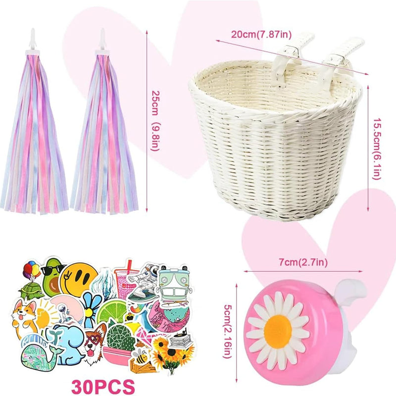 Colored Tassels Kid's Bicycle Basket with Streamers Bell and Stickers, Adjustable Wicker Front Handlebar Bike Basket for Girls and Boys