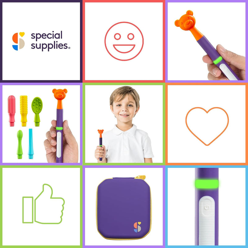 Special Supplies Buzz Buddy Oral Motor Stimulation Kit with 6 Soft Textured Interchangeable Heads, Calm Sensory Needs, Support Speech, and Stimulate Self Feeding, Gentle Vibrations (Purple)