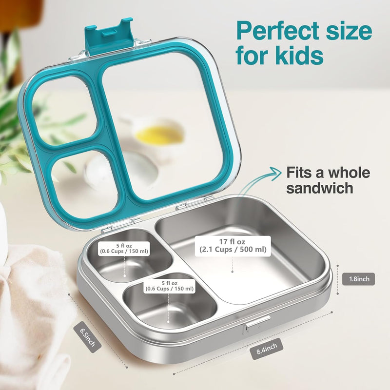 HOMEKOL Stainless Steel Bento Lunch Box, Blue, 3.3Cups | 3-Compartment,Leak-Proof, for Kids & Adults, BPA-Free, Dishwasher Safe, Clear Tritan Lid, 800ml (Not Insulated)