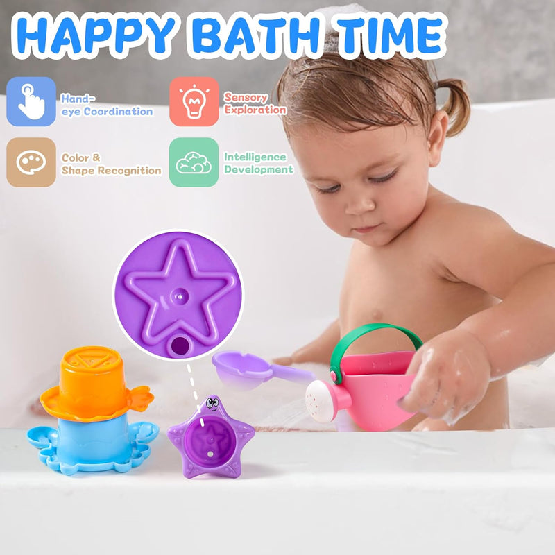 Fajiabao Toddler Bath Toys for Kids Ages 1-3 Stack, Scoop & Pour Set 5 PCS | Drain Quickly Nest for Easy Storage with 3 Animal Stacking Cups, Watering Can & Scoop for Floating Bathub Water Table Play