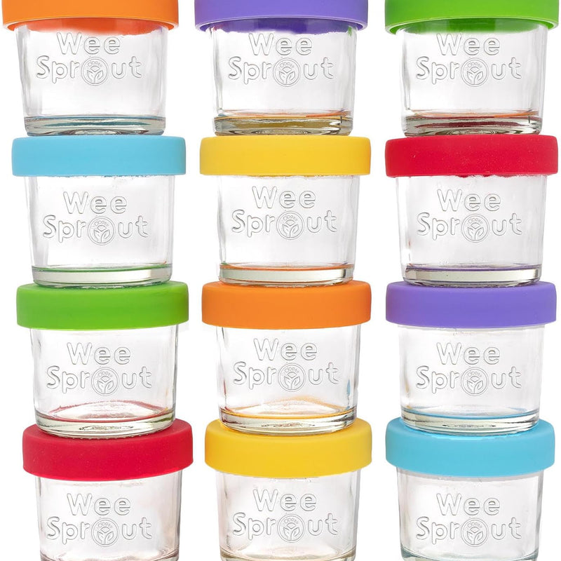WeeSprout Glass Baby Food Storage Jars with Silicone Lids (4 oz, 12 Pack Set) Snack, Puree, Reusable Small Containers, Breast Milk, Fridge or Freezer, Essential Must Have for Infants
