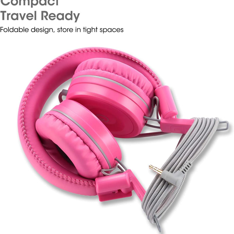noot products K22 Kids Headphones Wired 3.5mm Jack, Foldable, Flamingo Pink | Stereo Tangle-Free 5ft Long cord, Plug-in, On-Ear Headset for Children, Boys, Girls, iPad, School, Kindle, Travel, Plane