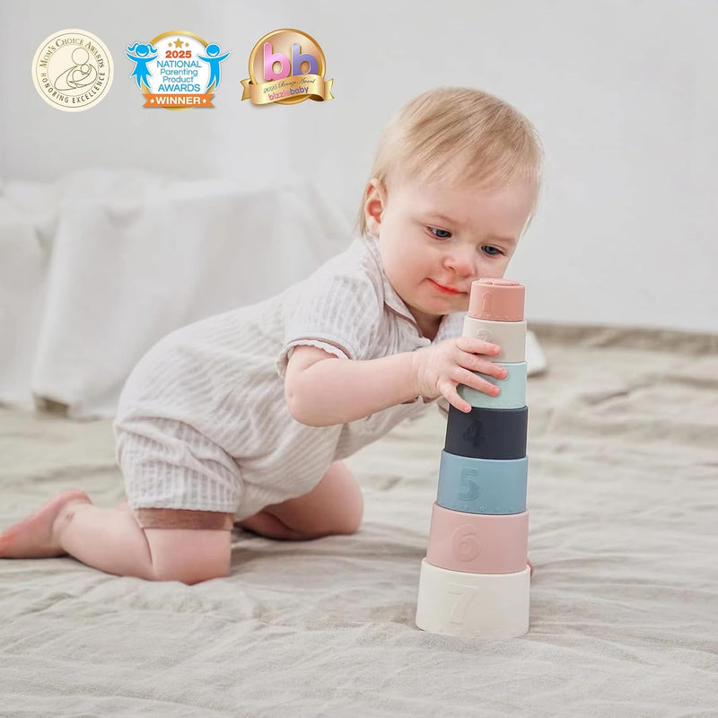 Moonkie 7-piece Stackable Silicone Teether Toy Set for 6+ Months, Soft and Edible
