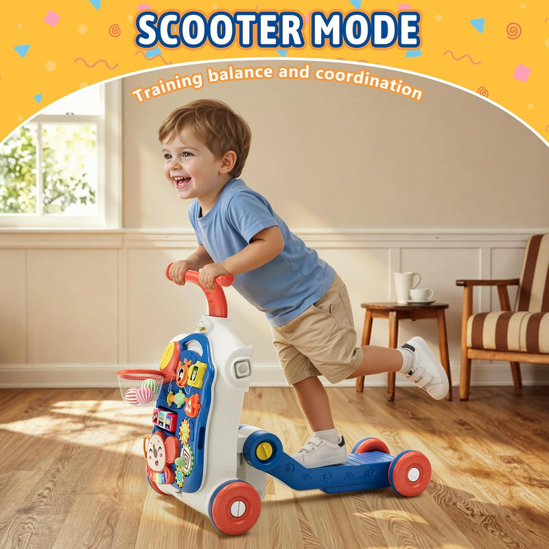 HYES 5 in 1 Baby Push Walker for Baby Boy, Blue | Activity Center Learning to Walk, Sit to Stand, Early Learning Push Toys for Infant, Walking Toys Gift for Toddler Boys