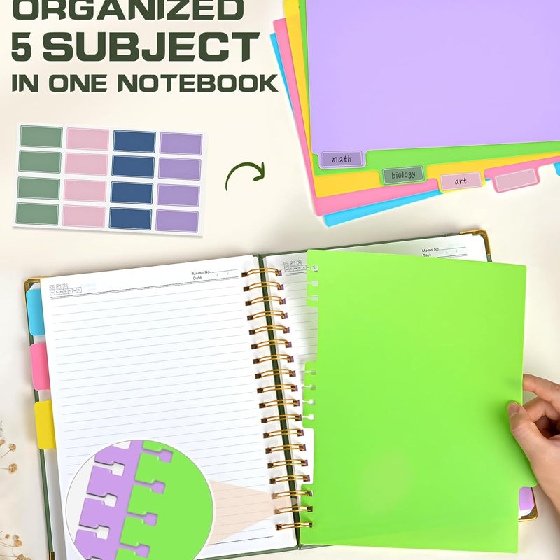 5 Subject Spiral Notebook Journal with Removable Dividers Tabs, 300 Pages Organizer Notebooks for Work School, 8"x10" Hardcover Leather Notebook College Ruled, Large Lined Journal for Women Men,Green