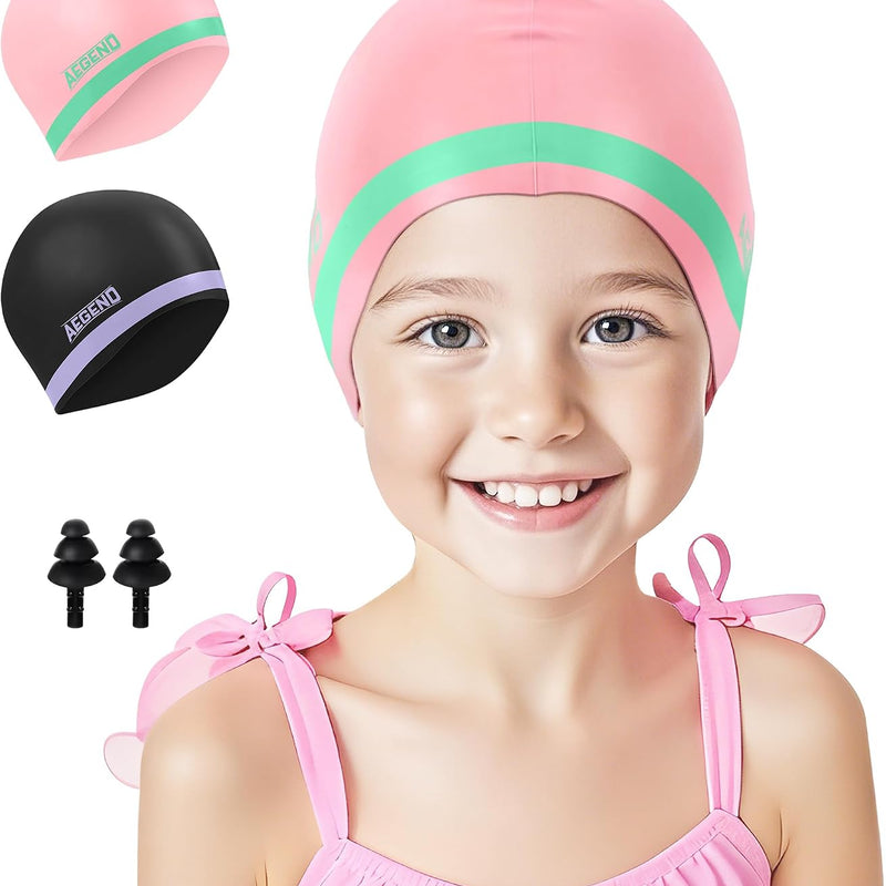 Aegend Kids Swim Cap 2 Pack, Silicone Waterproof Swim Cap for Kids Age 3-15 | Comfortable Swimming Cap for Girls Boys Toddlers Youth, Fits Long & Short Hair, Durable Cap for Swim Lessons Pool