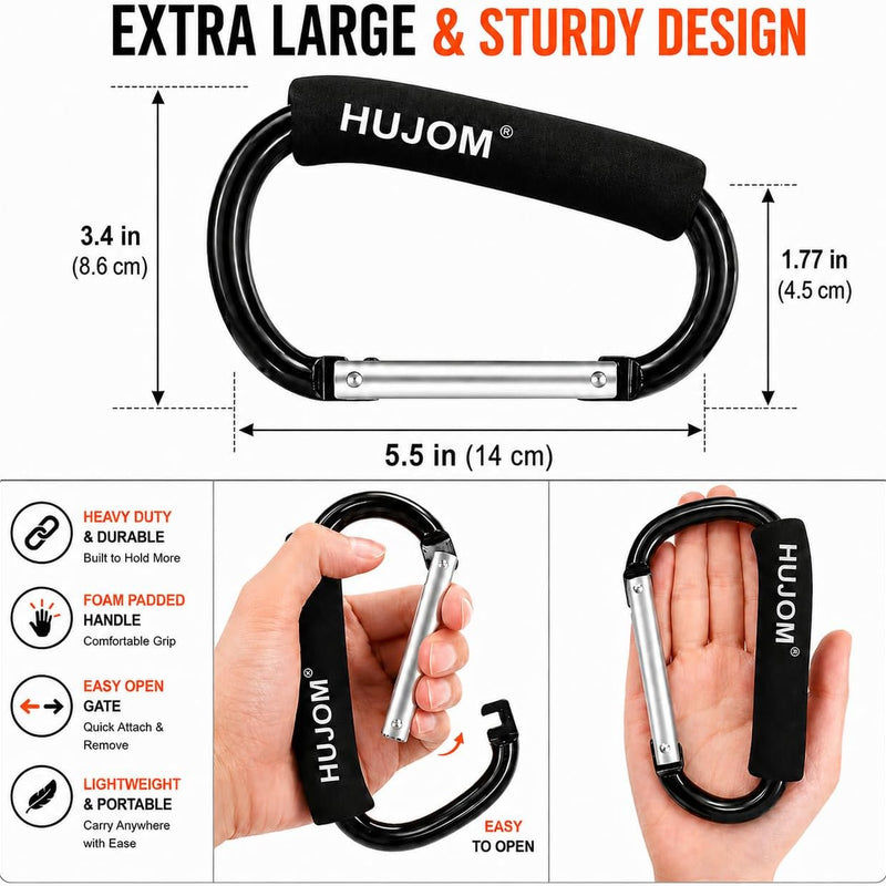 Stroller Hooks 2 Pack Heavy Duty Large Carabiner Clips for Bags & Baby Gear | Universal Fit, Hang Diaper, Purse, Grocery & Shopping Bags, Mommy Accessories, Backpack, Camping, Hiking, Travel, Moms gift