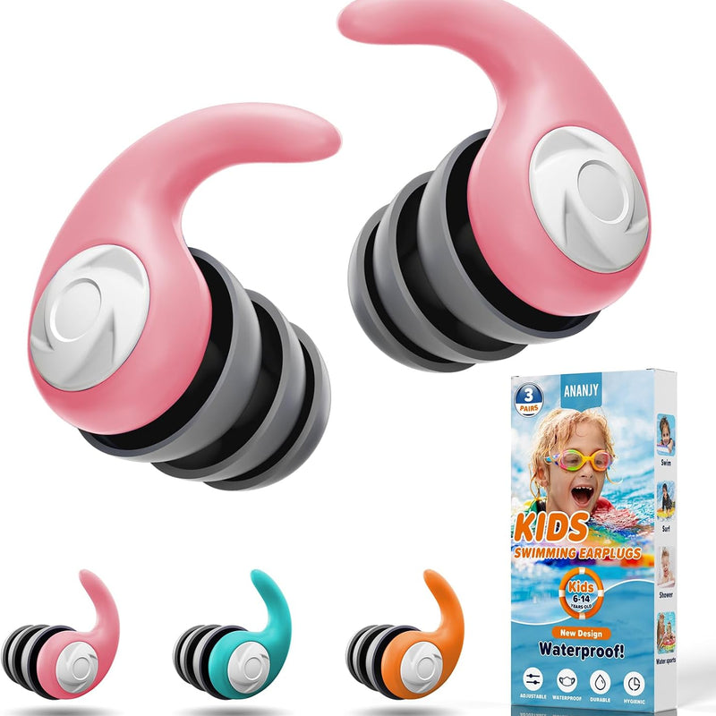 Waterproof Swimming Ear Plugs for Adults Kids, 3 Pairs Reusable Silicone | Reusable swim earplugs for pools, surfing, diving, showering and water sports, Keep Water Out and Ear Protection