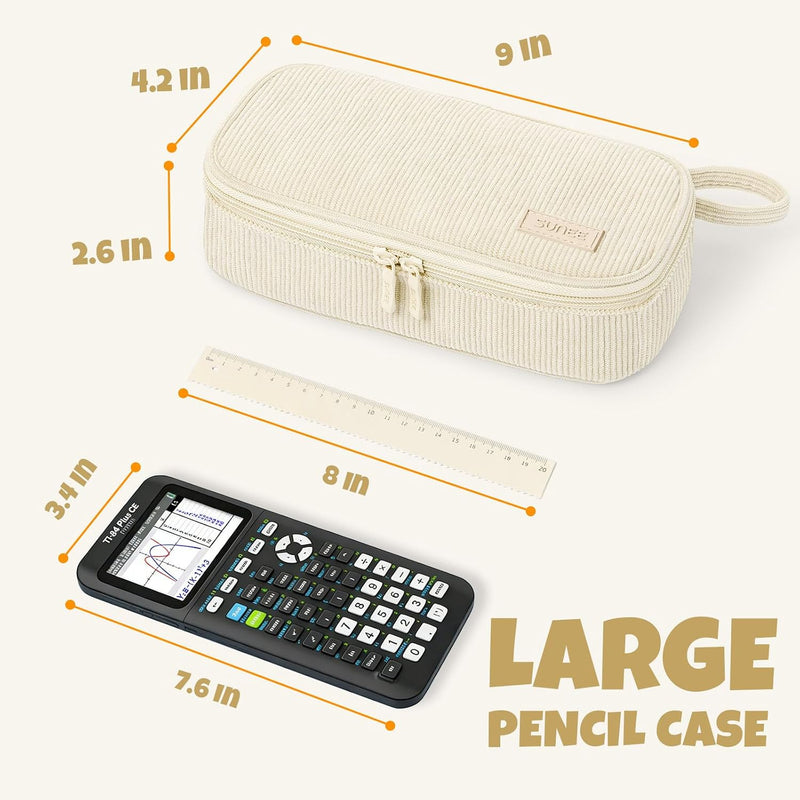 SUNEE Cute Pencil Case, Soft Corduroy Large Capacity Pencil Pouch, Aesthetic Zipper Pencil Bag, Big Storage Pen Organizer for Stationery, Pencil Box Back to School Supplies for Teen Girls Boys, Beige