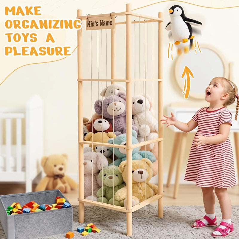 Stuffed Animal Storage with Toys Tray, 57In Large Wooden Stuffy Plushies Storage Holder Extra Large Capacity Stuffed Animals Zoo Organizer for Toddler Rooms, Playrooms & Bedrooms