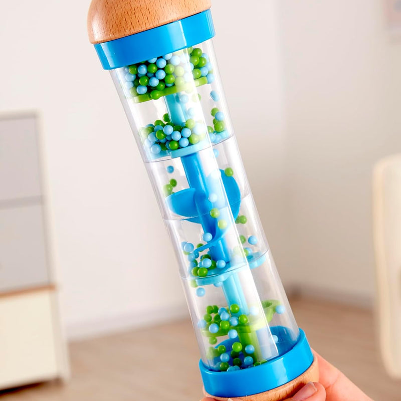 Hape Beaded Raindrops | Mini Wooden Musical Shake & Rattle Rainmaker Toy, Blue, Model Number: E0328B