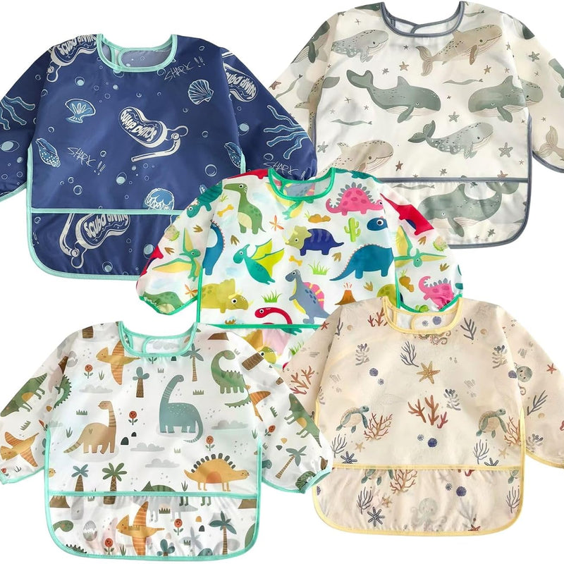 PandaEar 5 Pack Baby Long Sleeve Bibs| Waterproof Full Sleeve Bib for Baby Infant Toddler 6-36 Months