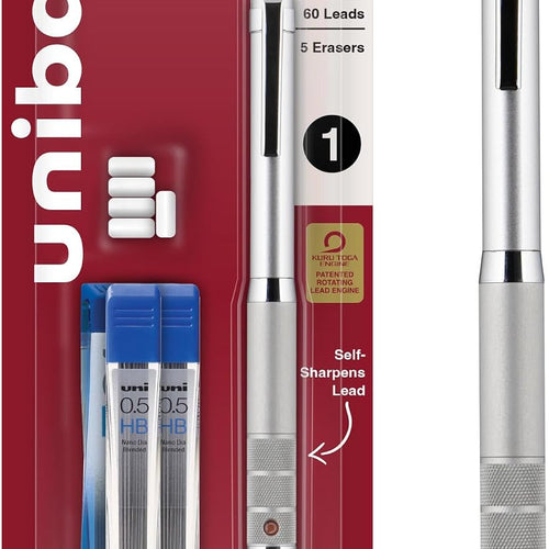 uniball Kuru Toga Elite Mechanical Pencil Starter Kit, 0.5mm, HB #2, Silver Barrel, 1 Pack