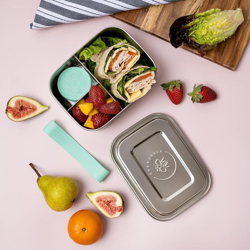 Everusely - Bento Box - Green, 27oz / 0.8 L - Stainless Steel Lunch Box with Leakproof Condiment Container - 3 Compartment Snack Organizer for On the Go Meals - Freezer & Dishwasher Safe