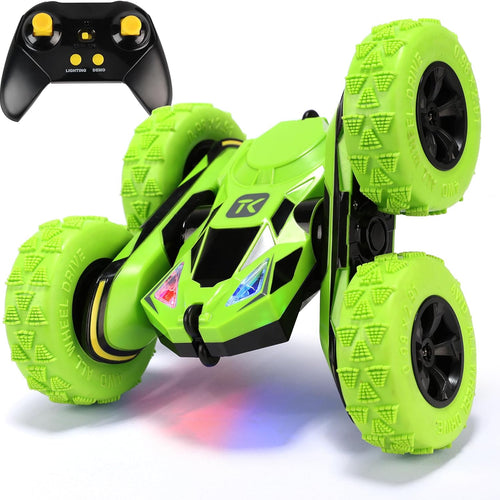 Threeking 4WD stunt RC car with soft lights, green, for kids ages 6-12, unique gift