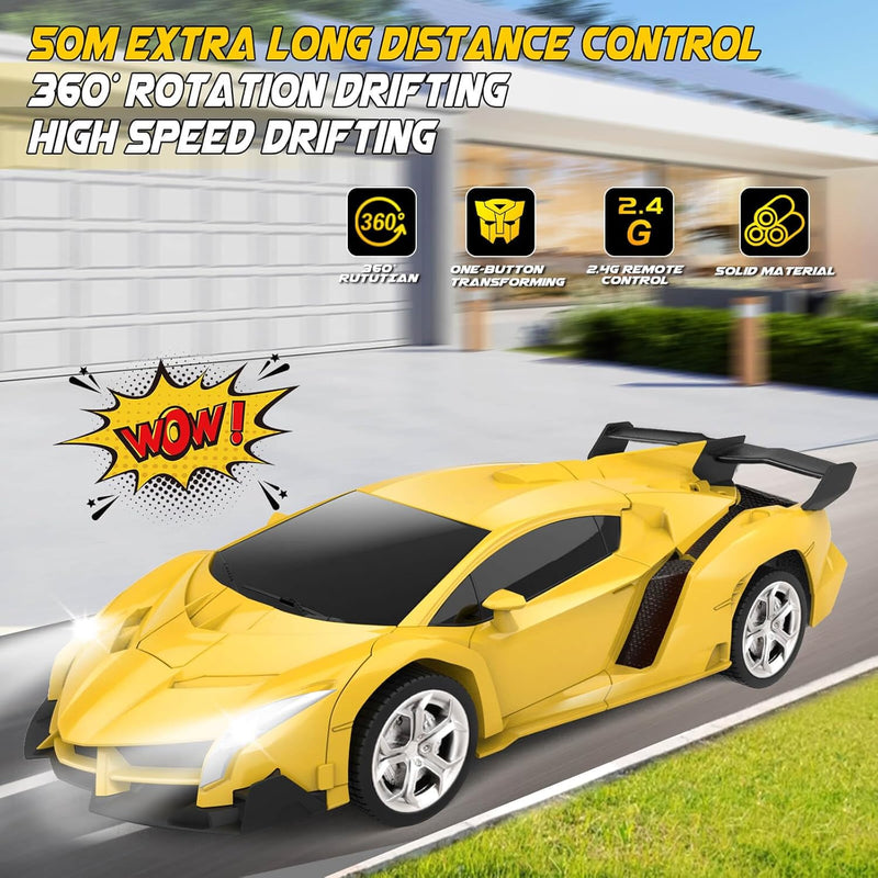 Transform Remote Control Car Toy for Kids 4-8, 2.4GHz RC Car with 360° Rotation and One-Key Transformation