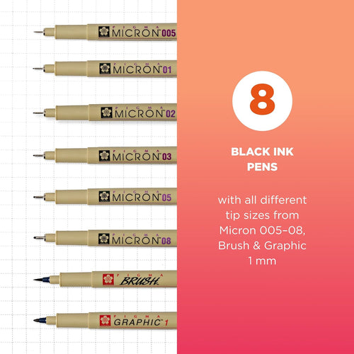 Sakura Pigma Micron, Graphic & Brush Fineline Pens, Archival Black Ink, 8 PK 30067