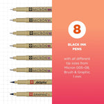 Sakura Pigma Micron, Graphic & Brush Fineline Pens, Archival Black Ink, 8 PK 30067