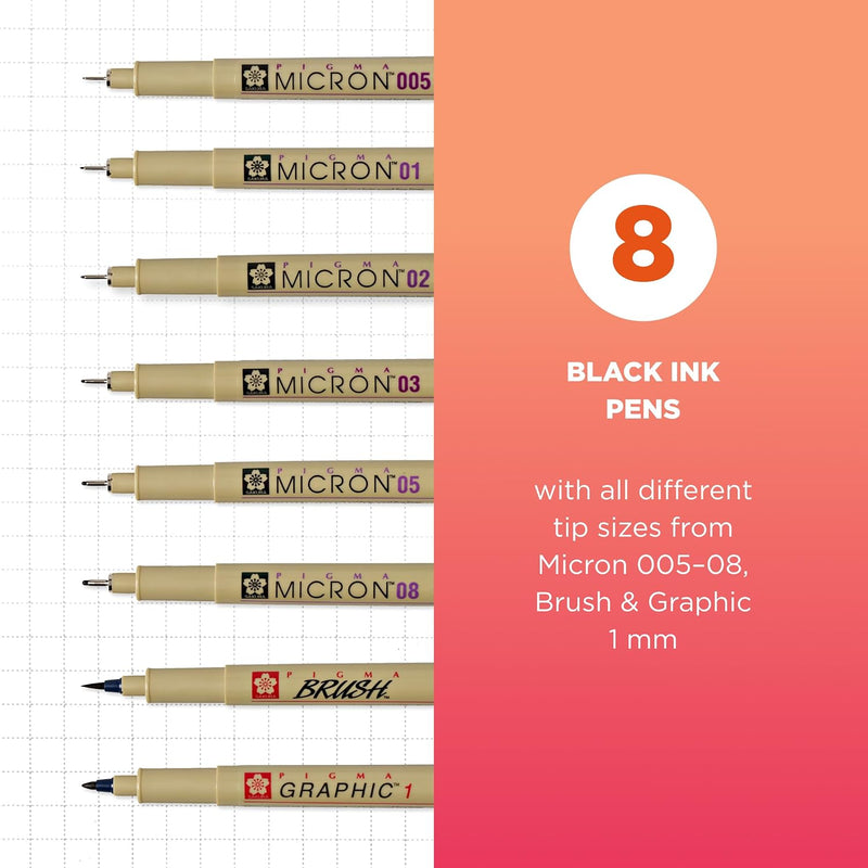 Sakura Pigma Micron, Graphic & Brush Fineline Pens, Archival Black Ink, 8 PK 30067