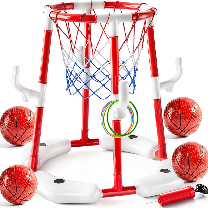 JUKUDAHU Pool Basketball Hoop, 2-in-1 Boy Pool Toys for Kids Ages 4-8 | Floating Pool Ring Game with 4 Balls and Pump, Outdoor Swimming Water Play Toy, Summer Water Toys for Kids Adults Age 3-12