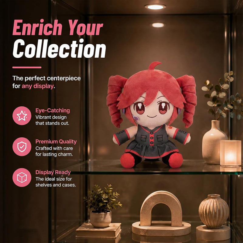 Collectible Pink Drill Twin Tail Girl Plush 22cm, Cute Anime Plush Character with 3D Twin-Drill Hair, Red and Black Outfit Figure Stuffed, Soft Anime Plushie Pillow Gift for Fans & Collectors