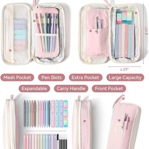 Four Candies 39 PCS Aesthetic Stationery Set with Cute Pen Case, College Supplies and Nursing Essentials, 12 Pastel Highlighters, 5 Black Gel Pens, 6 Mechanical Pencils, Pink