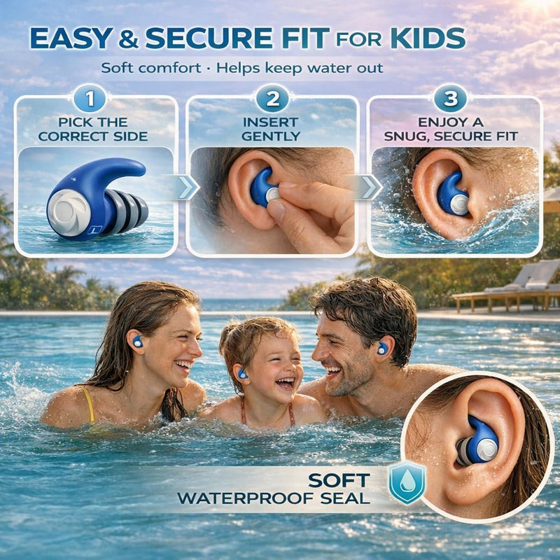 Waterproof Swimming Ear Plugs for Adults Kids, 3 Pairs Reusable Silicone | Reusable swim earplugs for pools, surfing, diving, showering and water sports, Keep Water Out and Ear Protection