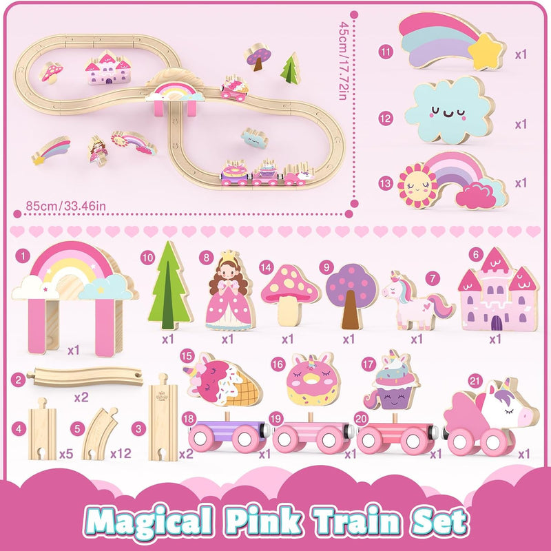 Lehoo Castle Unicorn Train Set for Toddlers 2-4, Wooden Train Track Toy for Girls