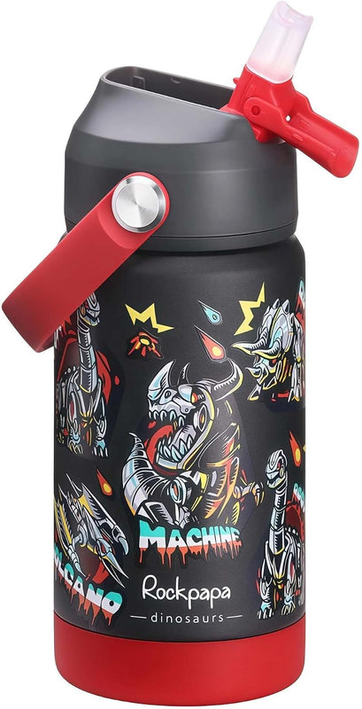 rockpapa 14 oz Kids Insulated Water Bottle，Stainless Steel Toddler Cups with Straws, BPA Free, Leak-Proof, Kids Water Bottle for School Boys& Girls (Grey Trucks)