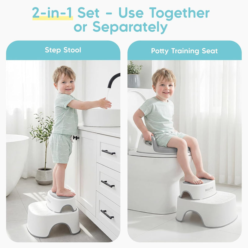 Maliton Potty Training Toilet Seat & Step Stool, 2-in-1 Anti-Slip Grey | Potty Seat + Separate Step Stool, Adjustable Fits More Toilets, Anti-Slip, Sturdy, Splash Guard, Easy clean，Boys & Girls.