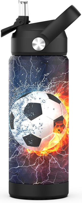 Boys Soccer Water Bottle for School，Kids 18 oz Insulated Stainless Steel Cup with Straw, Double-Wall Vacuum Leakproof