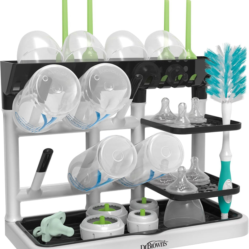 Dr. Brown's Drying Tower, Stand-Up Drying Rack, Countertop Baby Bottle Drying with Organized Storage for Baby Essentials, Space Saving Vertical Rack, Black/White