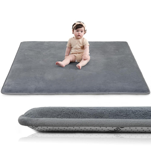 Huloo Sleep Baby Play Mat for Floor,1.3" Thick Elasti-Foam 50"×50" Playpen Mat for Tummy Time,Non-Toxic Certified Water Repellent Soft Coral Velvet for Toddler,Infant,Kids,Non-Slip Backing Safe for Crawling(Dark Grey)