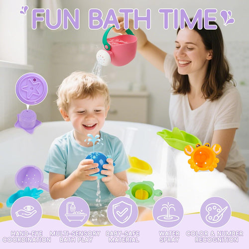 Mold-Free Bath Toys, 11-Piece Set | Safe, Easy-Clean & Fun Floating Boats, Spoon, Watering Can & Whale for Babies 12+ Months