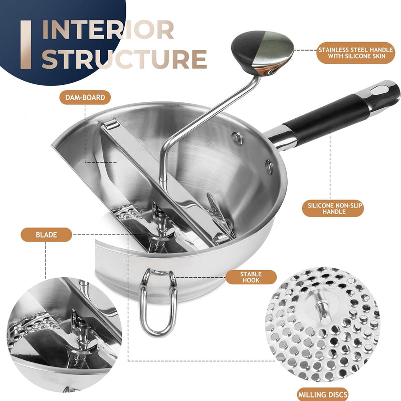 Stainless Steel Food Mills With 3 Milling Discs,Ergonomic design Of Rotary Food Mills For Tomato Sauce,Potatoes,Jams with Silicone Handle Dishwasher Safe, Multifunctional Spoon,Orange