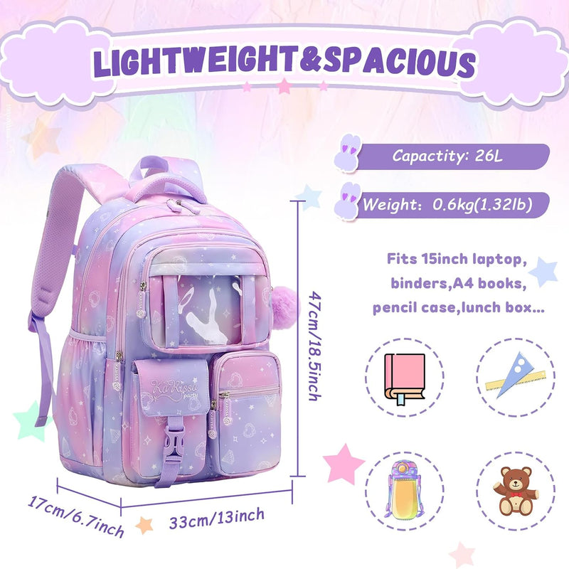 PIG PIG GIRL Kids Backpack for Girls - School Bags for Middle School Students - Book Bag for Elementary Primary - Kawaii Ita Backpack - Purple