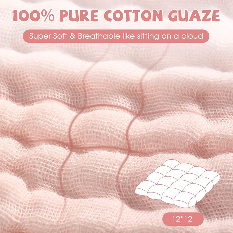 Baby Washcloths and Burp Cloths, Soft Absorbent Towels for Newborns, 6 Pack, 12x12 Inches (Pink)