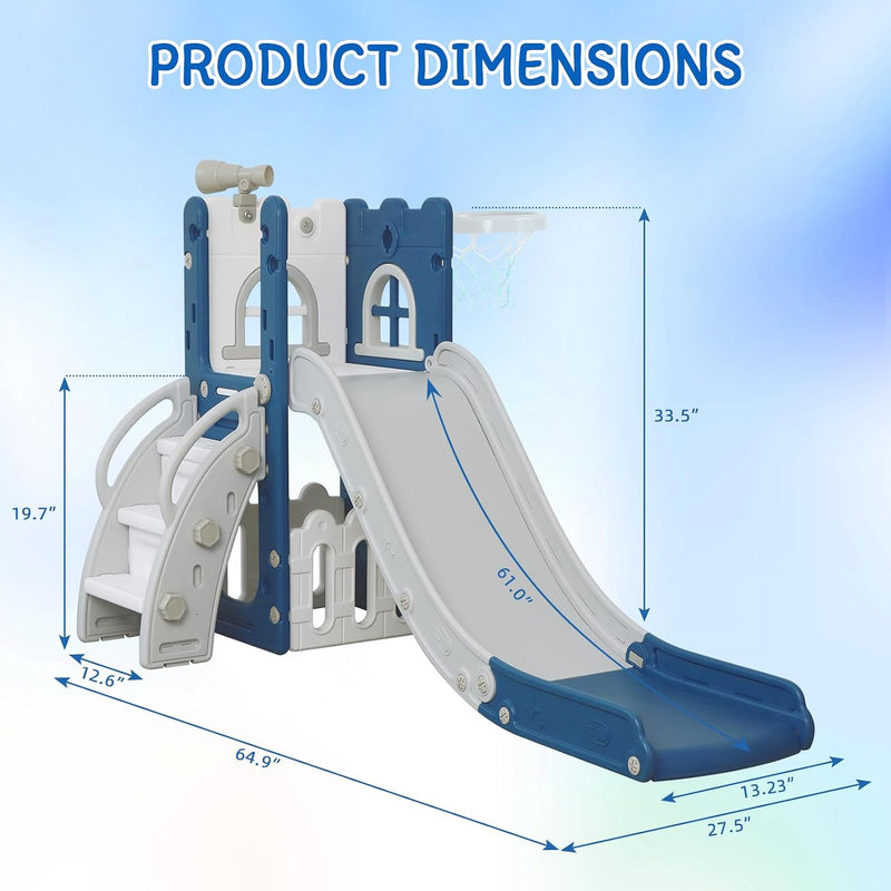 LulliSpace 6 in 1 Toddler Slide,Kids Climber Slider for Indoor Outdoor Playground with Basketball Hoop,Storage and Telescope,L Shaped Slide for Toddler Climber Playset