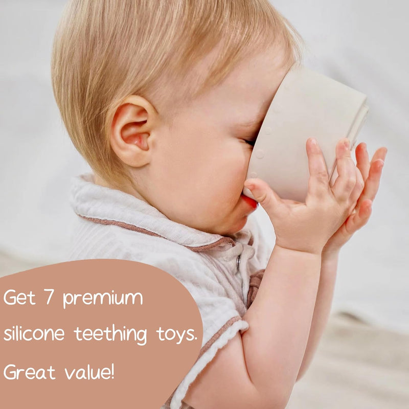 Moonkie 7-piece Stackable Silicone Teether Toy Set for 6+ Months, Soft and Edible
