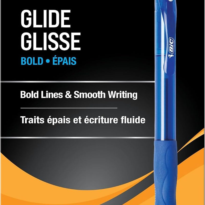 BIC Glide Bold Blue Ballpoint Pens, Bold Point (1.6mm), 12-Count Pack, Retractable Ballpoint Pens With Comfortable Full Grip