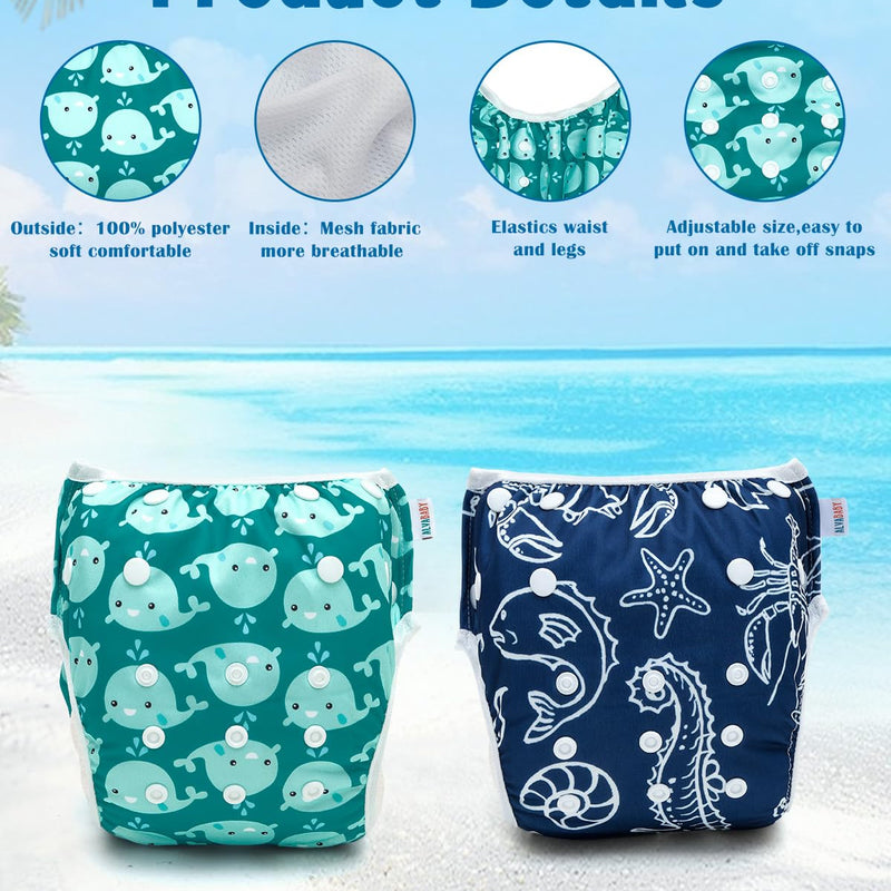 ALVABABY Swim Diapers 2pcs Reusable Baby Boy Swim Diaper 0-8 Months Adjustable Snap Washable Infant Toddler Swimming Diaper for Pool Beach & Swim Lessons – Waterproof PUL Leak-Proof UPF 30+ Small Size