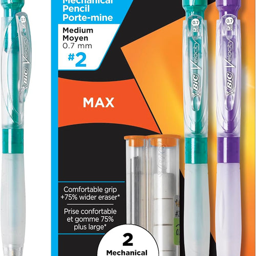 BIC Velocity Max Mechanical Pencils, With Colorful Barrel, Medium Point (0.7mm), 2-Count Pack Mechanical Pencils With Erasers and Lead Refills