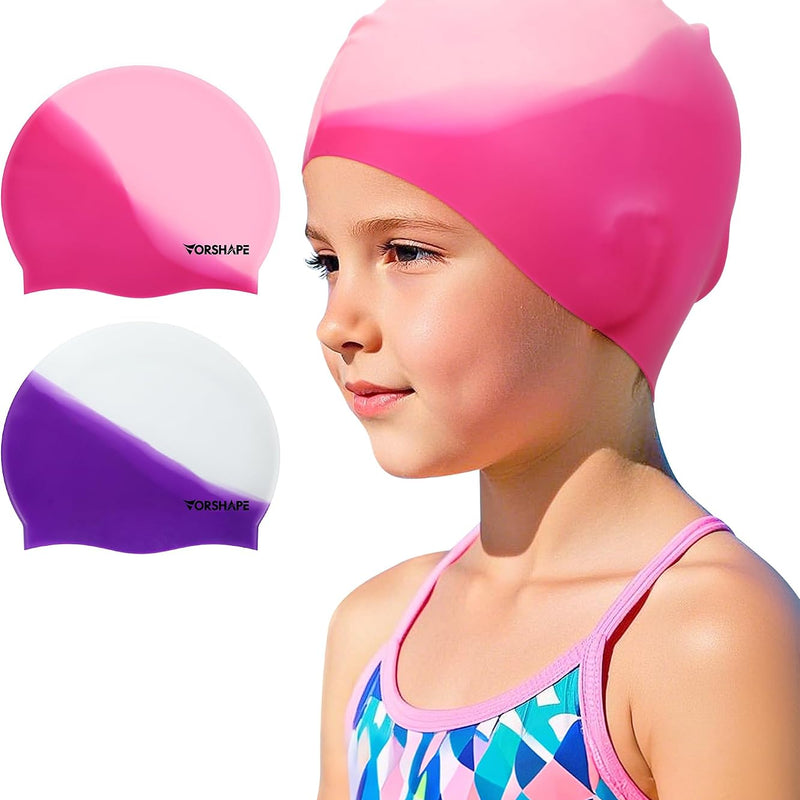Kids Swim Cap 2 Pack,Silicone Swim Cap for Kids Ages 3-15 | Durable Waterproof Swimming Caps for Girls Boys Toddler,Comfortable Fit for Long Hair Short Hair,for Swimming Lessons Pool