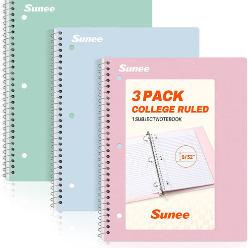 SUNEE Spiral Notebooks, 3 Pack, 1-Subject, College Ruled Paper, 8" x 10-1/2", 70 Sheets per Notebook, Assorted Pastel Colors Spiral Notebooks for School