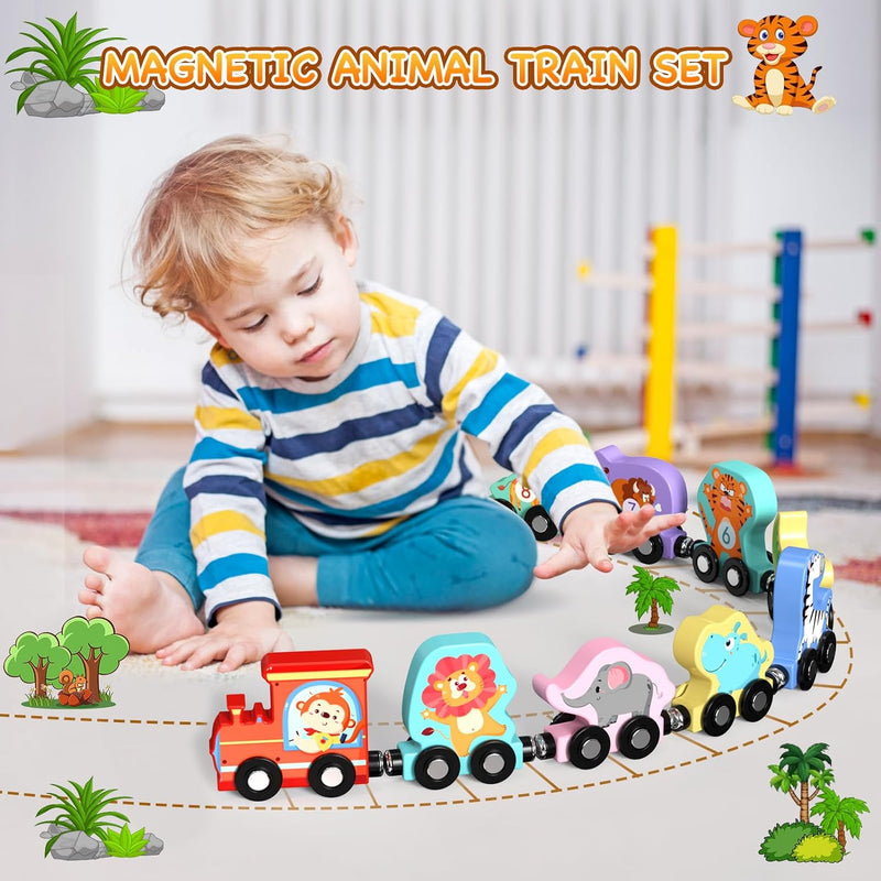 Zeoddler 11-Piece Magnetic Wooden Animals Train Set for Toddlers, Montessori Toys with Natural Wood and Double-Sided Printing