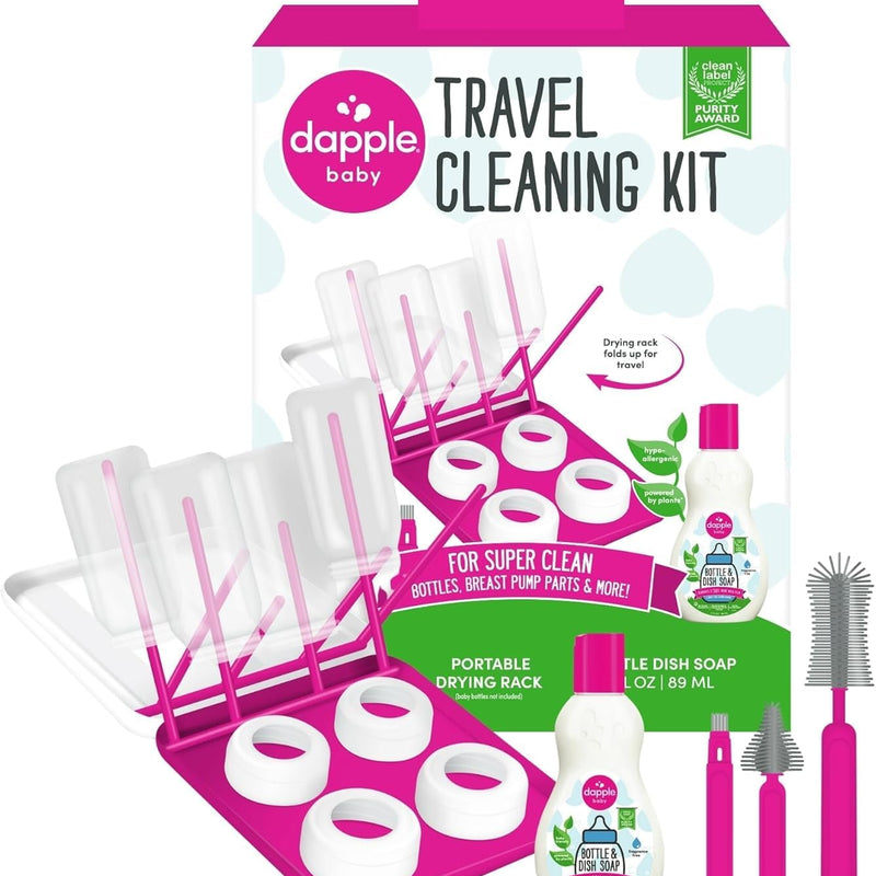 Dapple Baby Travel Cleaning Kit - 5 Piece- Baby Bottle & Dish Soap, Bottle Brushes, and Drying Rack - Newborn Essentials