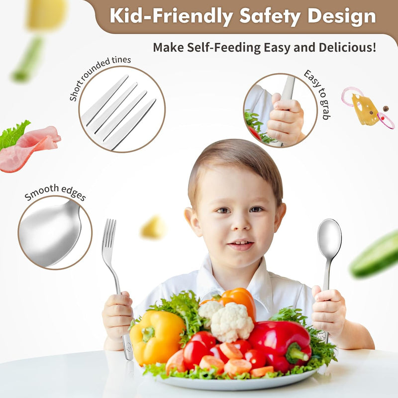12Pcs Stainless Steel Toddler Utensils Small Metal Kids Silverware | Food-grade, Ideal Transitional Baby Forks and Spoons, Cute pattern, Designed for Children, Dishwasher Safe, Mirror Polished