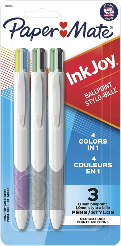 Paper Mate InkJoy Quatro Retractable Ballpoint Pens, 4 Colors in 1 Pen, Medium Point (1.0mm), 3 Count - Convenient, Note-Taking, Comfortable Grip, Ultra Smooth Ink