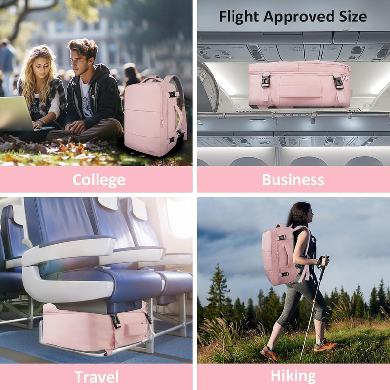 Taygeer Travel Backpack for Women, Carry On Backpack with Water Bottle Pocket & Shoe Pouch, TSA 15.6inch Laptop Mochila Flight Approved, Nurse Bag Casual Daypack for Weekender Business Hiking, Pink